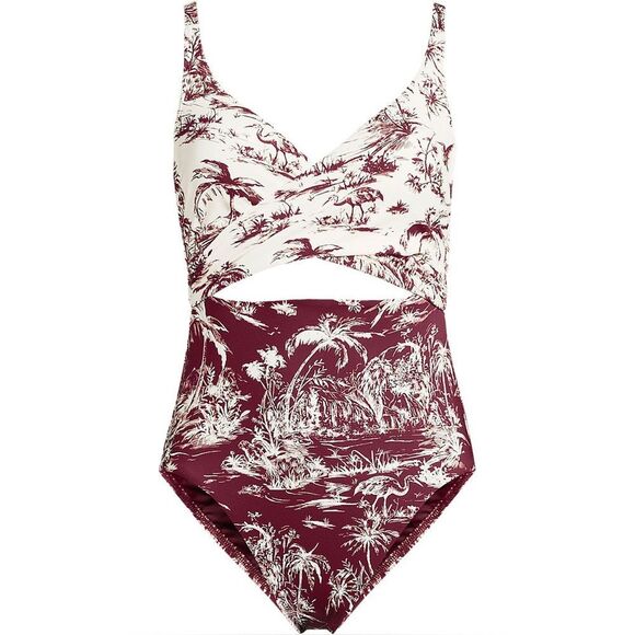Land's End One piece monokini swimsuit adjustable egret burgundy scenic mix Var - Picture 6 of 7